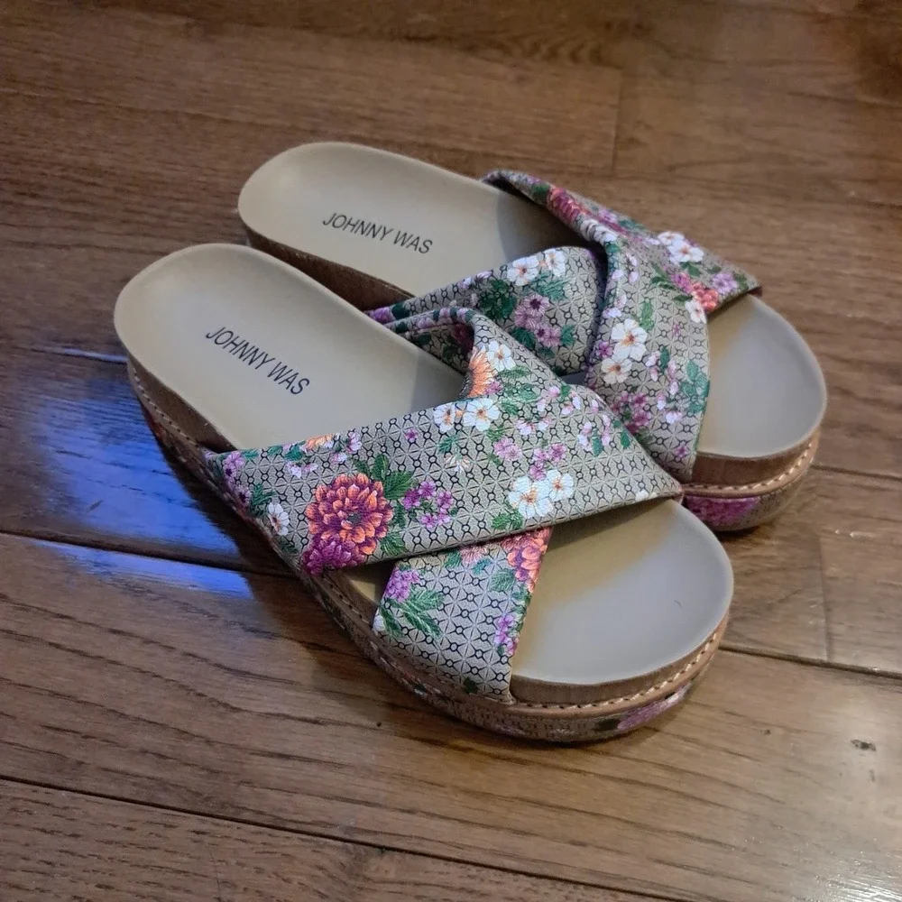 Johnny Was Floral Crisscross Platform Slide Sandals Boho Multi Color Womens Sz 6